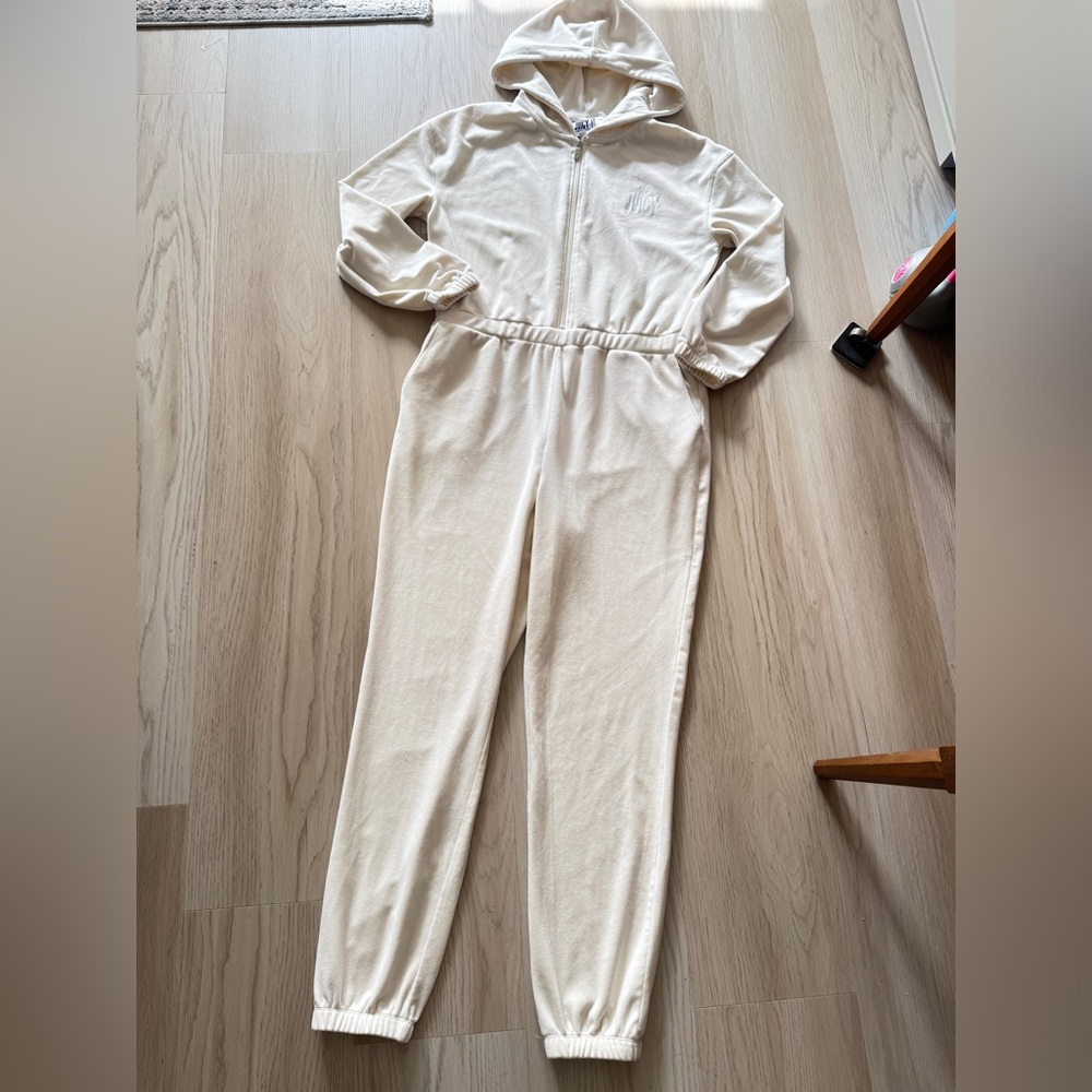 Juicy Couture Velour Long Sleeve Jumpsuit One Piece Suit hood Cream Pebble large - Picture 2 of 8